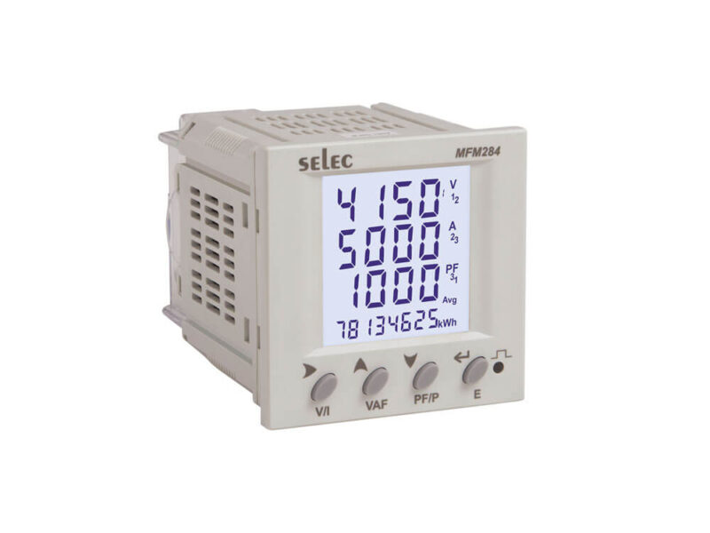 SELEC MFM284-C-CE, LCD multifunction meter with RS485 communication for multiparameter monitoring including V, A, PF, Hz, W, Wh, VA, VAh, VARh