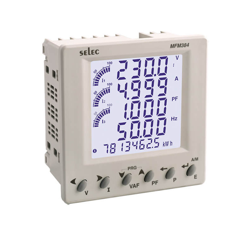 SELEC MFM384-C-CE, LCD multifunction meter with RS485 communication for multiparameter monitoring including V, A, PF, Hz, W, Wh, VA, VAh, VARh