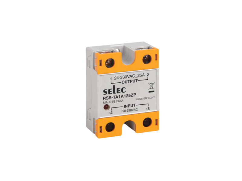 SELEC RSS-TA1A125ZP is an AC to AC solid state relay, 25A load output current, 90-280V AC input voltage, 24-330V AC load output voltage, Resistive load