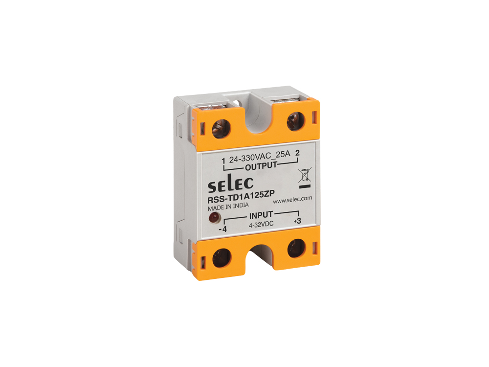 SELEC RSS-TD1A225ZP is a DC to AC solid state relay, 4-32V DC input voltage, 48-480V AC load output voltage, 25A load output current, Resistive load