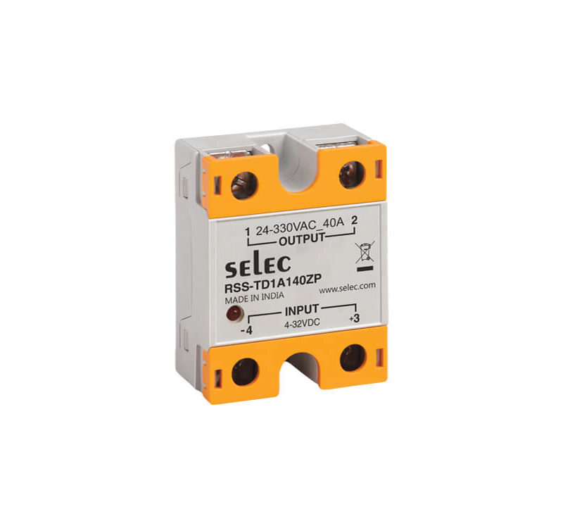 SELEC RSS-TD1A140ZP is a DC to AC solid state relay, 4-32V DC input voltage, 24-330V AC load output voltage, 40A load output current, Resistive load