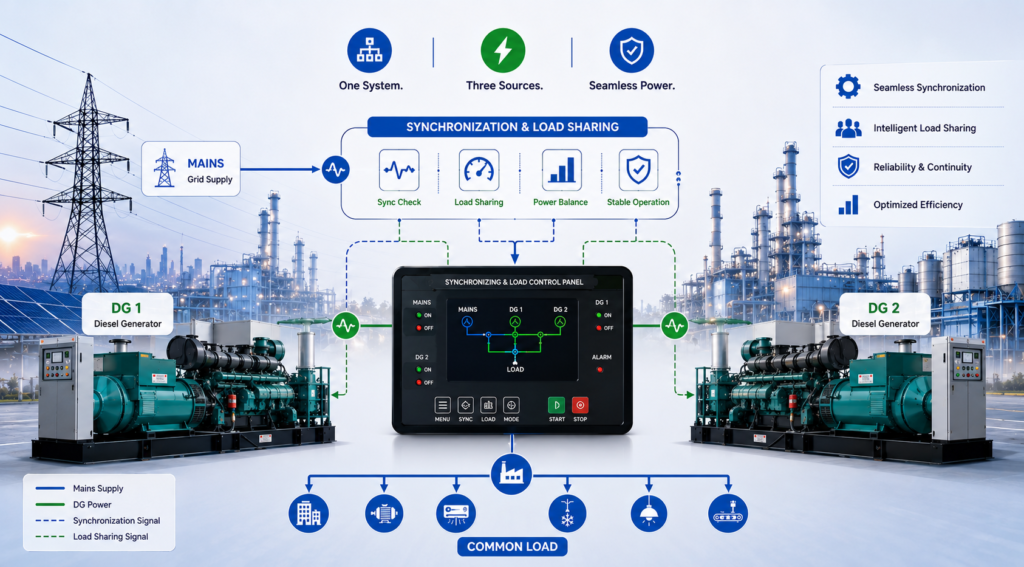 Multiple Power Sources to Coordinated Operation Engineering Synchronization and Load Sharing for Two DGs and Mains