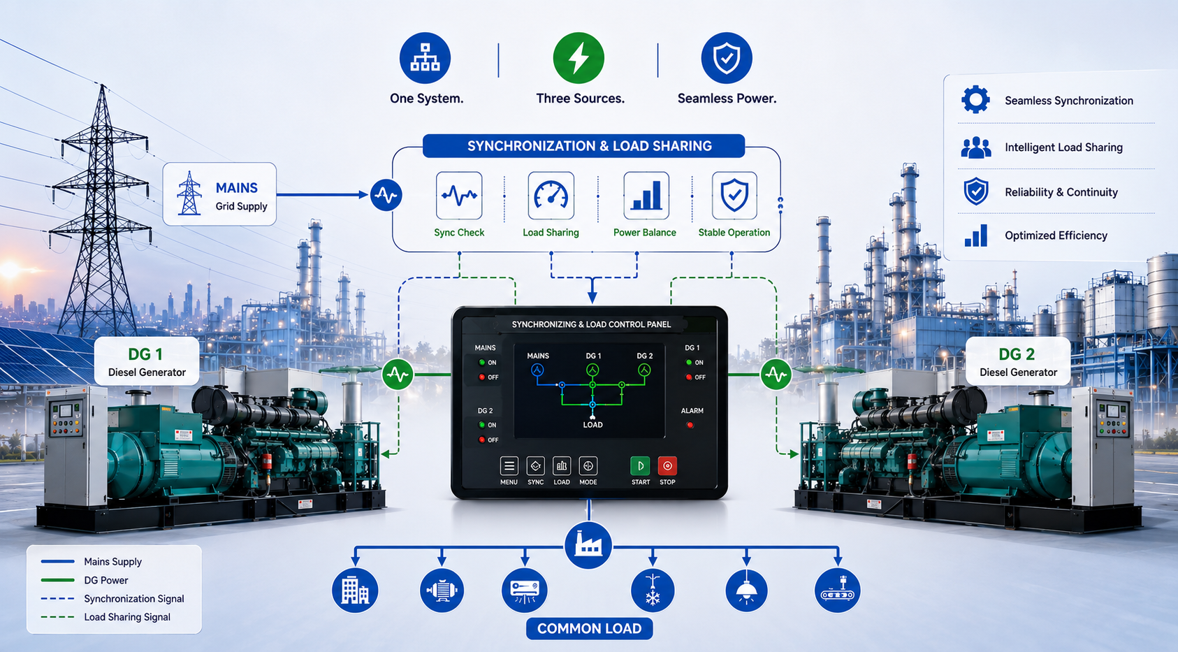 Multiple Power Sources to Coordinated Operation Engineering Synchronization and Load Sharing for Two DGs and Mains